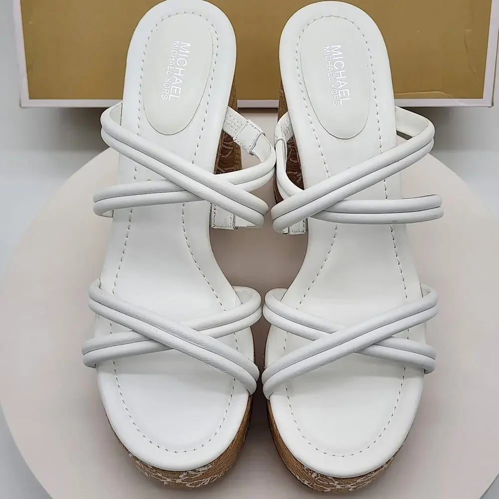 NEW Michael Kors Corrine Platform Leather Chain Sandals White Women's Size 8.5M
